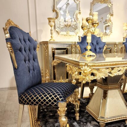 Luxury Baroque Dining Room Design – Blue Velvet Chairs & Gold Mirrored Table Elegance