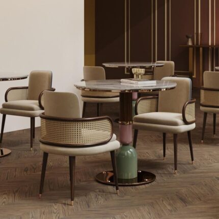 Pastel Marble Café Tables with Cane-Back Chairs in Modern Vintage Dining Interior