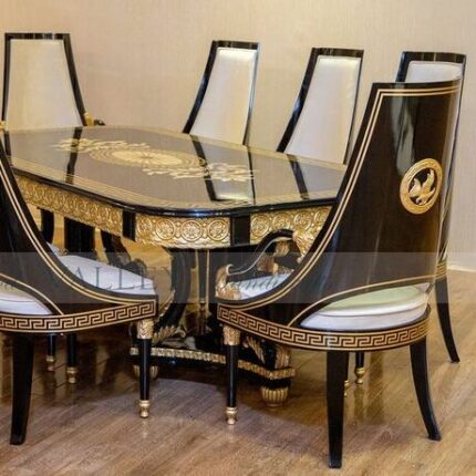 Black & Gold Classical Dining Table with Emblem Chairs and Ornate Sculptural Detailing